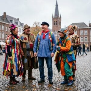 Mensen in carnavalskostuums en een boerenkiel op een marktplein in een zuidelijke stad op een novembermiddag