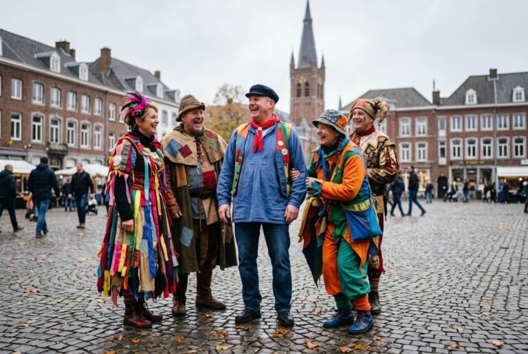 Mensen in carnavalskostuums en een boerenkiel op een marktplein in een zuidelijke stad op een novembermiddag