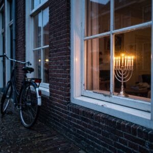 Zilveren chanoekia met brandende kaarsjes voor het raam van een bakstenen huis op een decemberavond