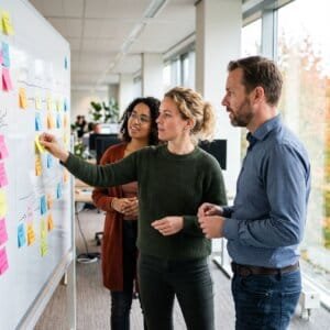 Drie collega's zetten met plakbriefjes de stappen van een werkproces op een whiteboard