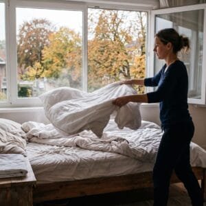 Vrouw schudt in de ochtend haar dekbed op in een slaapkamer met een open raam en herfstbomen buiten