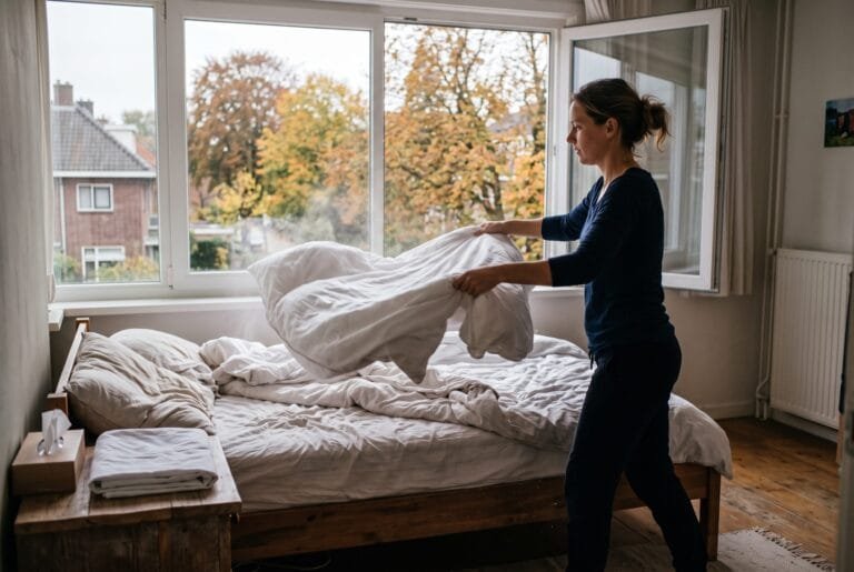 Vrouw schudt in de ochtend haar dekbed op in een slaapkamer met een open raam en herfstbomen buiten