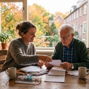 Vrouw helpt haar oude vader aan de keukentafel met zijn post op een herfstmiddag