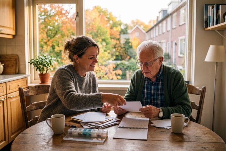 Vrouw helpt haar oude vader aan de keukentafel met zijn post op een herfstmiddag