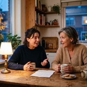 Jonge vrouw praat aan de keukentafel met haar moeder terwijl ze allebei een mok thee vasthouden