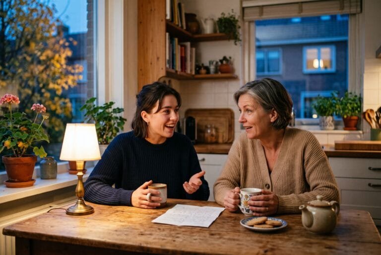 Jonge vrouw praat aan de keukentafel met haar moeder terwijl ze allebei een mok thee vasthouden