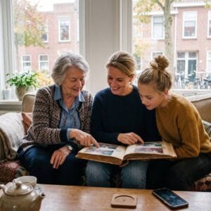 Grootmoeder, moeder en tienerdochter bekijken samen een oud fotoalbum op de bank in een Nederlandse woonkamer