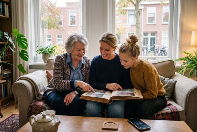 Grootmoeder, moeder en tienerdochter bekijken samen een oud fotoalbum op de bank in een Nederlandse woonkamer