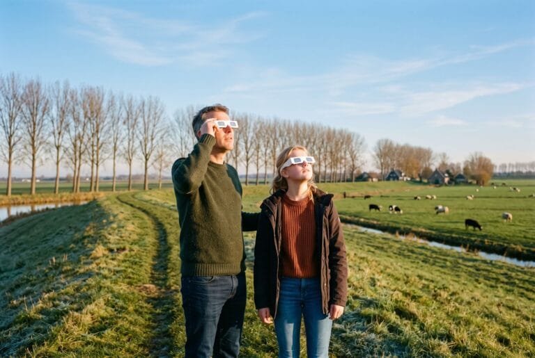Vader en dochter op een dijk kijken op een heldere herfstochtend met kartonnen eclipsbrillen omhoog naar de zon