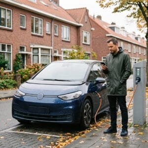 Man bij een compacte elektrische auto aan een laadpaal in een Nederlandse woonstraat in de herfst