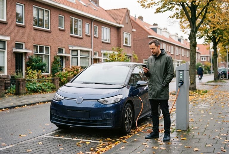 Man bij een compacte elektrische auto aan een laadpaal in een Nederlandse woonstraat in de herfst