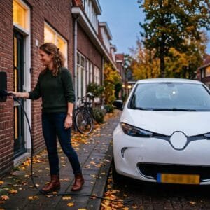 Vrouw sluit op een herfstavond een elektrische auto aan op de laadpaal bij de voordeur van een rijtjeshuis