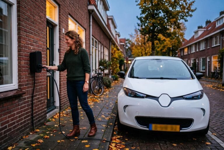 Vrouw sluit op een herfstavond een elektrische auto aan op de laadpaal bij de voordeur van een rijtjeshuis