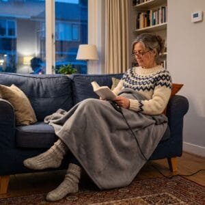 Vrouw zit op een novemberavond op de bank onder een elektrische deken met het snoer naar het stopcontact