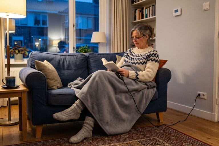 Vrouw zit op een novemberavond op de bank onder een elektrische deken met het snoer naar het stopcontact
