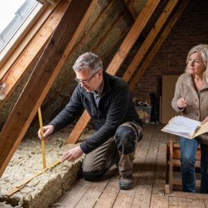 Energieadviseur meet op zolder de dikte van de isolatie terwijl de bewoonster een map met papieren vasthoudt