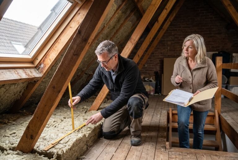 Energieadviseur meet op zolder de dikte van de isolatie terwijl de bewoonster een map met papieren vasthoudt