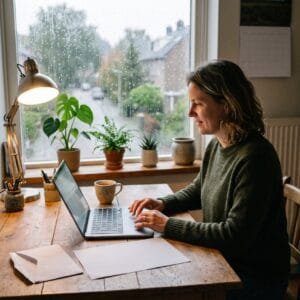 Zelfstandige ondernemer verstuurt aan haar bureau thuis een factuur vanaf haar laptop met een papieren factuur ernaast