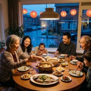 Familie eet op een winteravond aan een ronde tafel met dumplings en vis, met rode lampionnen voor het raam