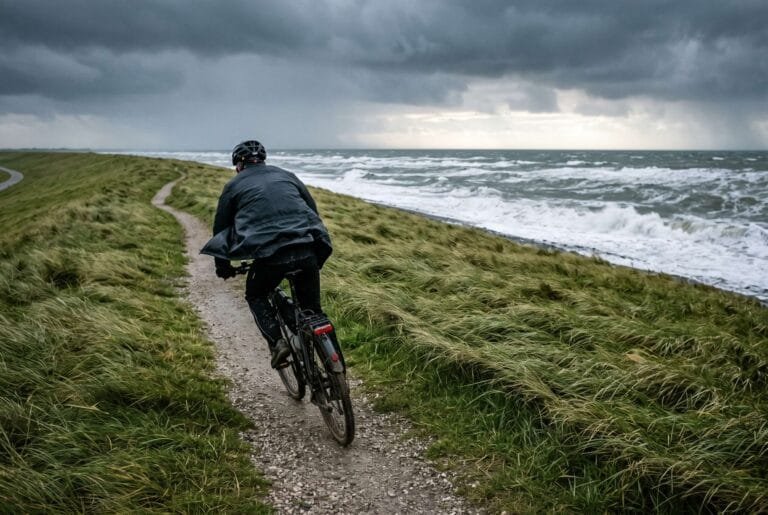 Fietser op een zeedijk bij harde wind, met schuimende golven en donkere wolken boven de Noordzee