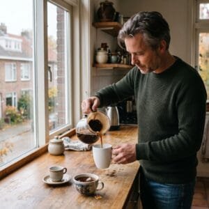 Man schenkt filterkoffie in een grote mok op het aanrecht naast een espressokopje en een kop zwarte thee