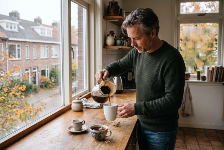 Man schenkt filterkoffie in een grote mok op het aanrecht naast een espressokopje en een kop zwarte thee
