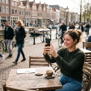 Iemand fotografeert met een smartphone een Nederlandse gracht, met onscherpe voorbijgangers op de achtergrond.