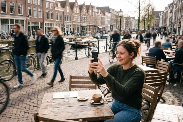 Iemand fotografeert met een smartphone een Nederlandse gracht, met onscherpe voorbijgangers op de achtergrond.