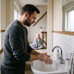 Vader wast zijn handen met zeep bij de wastafel terwijl zijn zieke peuter in een deken op de overloop zit