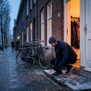Man strikt op een donkere wintermorgen zijn hardloopschoenen bij de voordeur van een rijtjeshuis