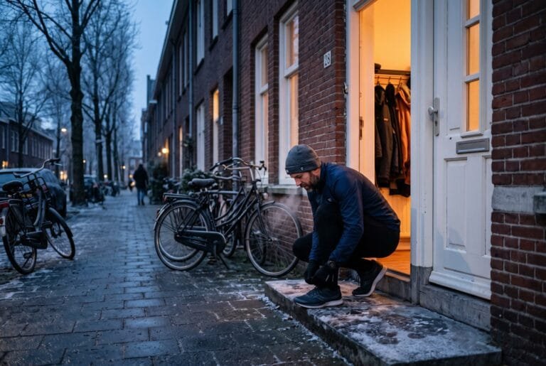 Man strikt op een donkere wintermorgen zijn hardloopschoenen bij de voordeur van een rijtjeshuis