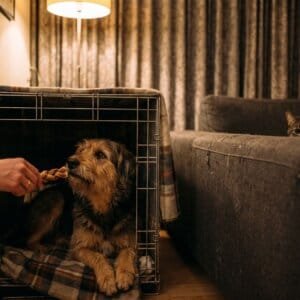 Hond ligt rustig in een open bench met een deken terwijl een hand hem een kauwsnack geeft in een woonkamer