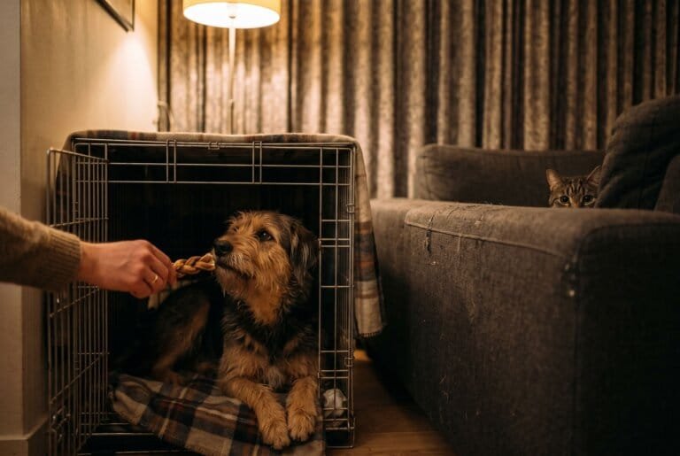 Hond ligt rustig in een open bench met een deken terwijl een hand hem een kauwsnack geeft in een woonkamer