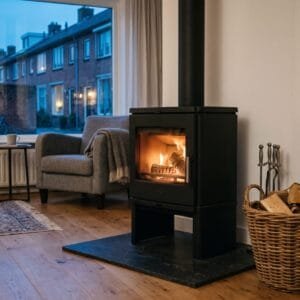 Houtkachel met een klein vuur in een woonkamer, houtblokken ernaast en rijtjeshuizen in de schemering buiten