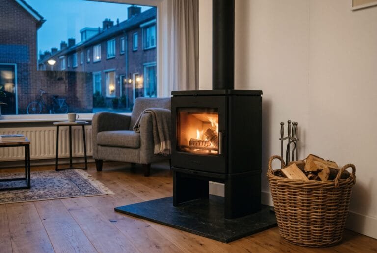 Houtkachel met een klein vuur in een woonkamer, houtblokken ernaast en rijtjeshuizen in de schemering buiten
