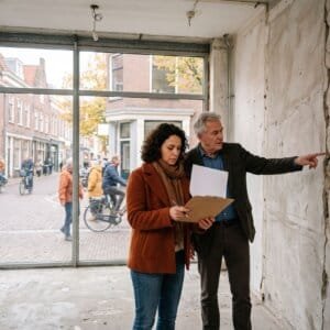 Huurder leest een huurcontract in een lege winkelruimte terwijl de verhuurder naar een scheur in de muur wijst
