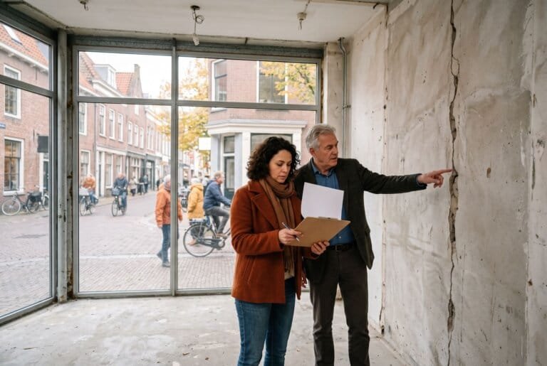 Huurder leest een huurcontract in een lege winkelruimte terwijl de verhuurder naar een scheur in de muur wijst