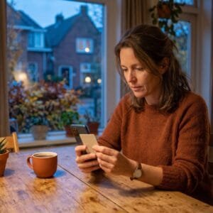 Vrouw houdt aan de keukentafel haar identiteitskaart tegen de achterkant van haar telefoon