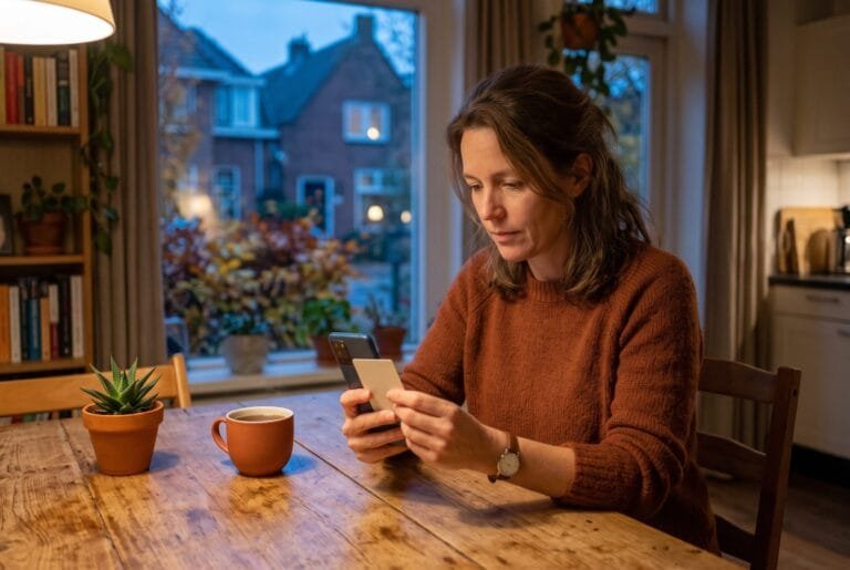 Vrouw houdt aan de keukentafel haar identiteitskaart tegen de achterkant van haar telefoon