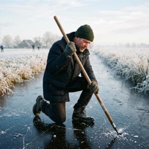 Man meet met een ijsstok de dikte van het ijs op een bevroren sloot langs het riet op een heldere vriesochtend