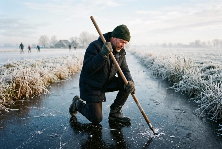 Man meet met een ijsstok de dikte van het ijs op een bevroren sloot langs het riet op een heldere vriesochtend