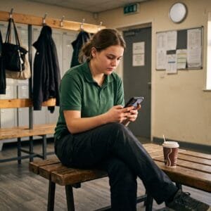 Jonge vrouw in werkkleding bekijkt in de personeelsruimte haar loonstrook op haar telefoon