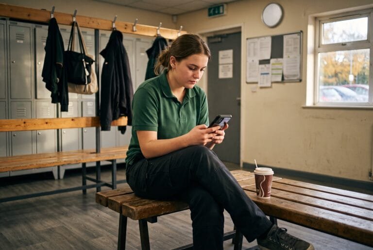 Jonge vrouw in werkkleding bekijkt in de personeelsruimte haar loonstrook op haar telefoon