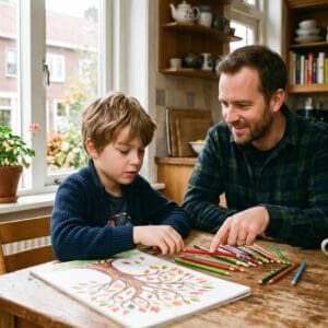 Jongen en zijn vader aan de keukentafel met kleurpotloden en een tekening van een boom in herfstkleuren