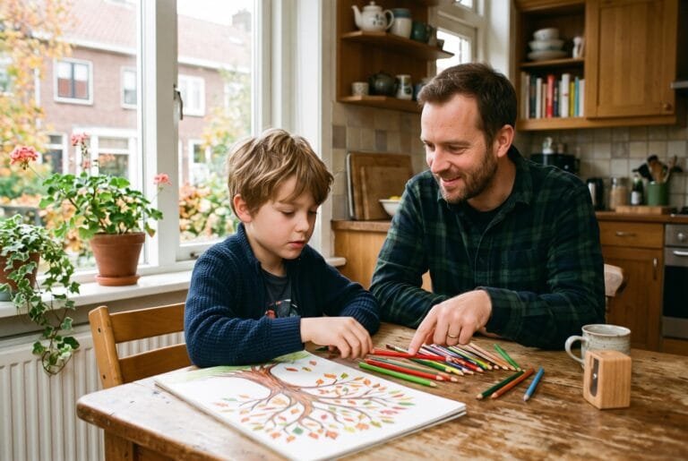 Jongen en zijn vader aan de keukentafel met kleurpotloden en een tekening van een boom in herfstkleuren