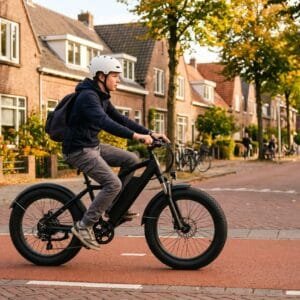 Jongen met fietshelm rijdt op een fatbike over een rood fietspad in een Nederlandse woonstraat