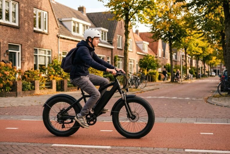 Jongen met fietshelm rijdt op een fatbike over een rood fietspad in een Nederlandse woonstraat