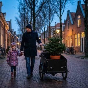 Vader en dochter brengen een kleine kerstboom in pot in een bakfiets naar huis door een straat met rijtjeshuizen