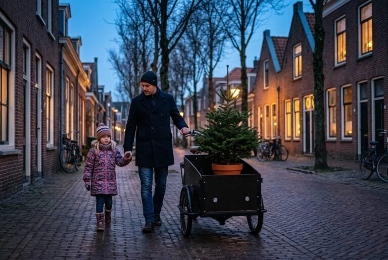 Vader en dochter brengen een kleine kerstboom in pot in een bakfiets naar huis door een straat met rijtjeshuizen