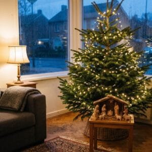 Verlichte kerstboom in een Nederlandse woonkamer met een kleine houten kerststal eronder